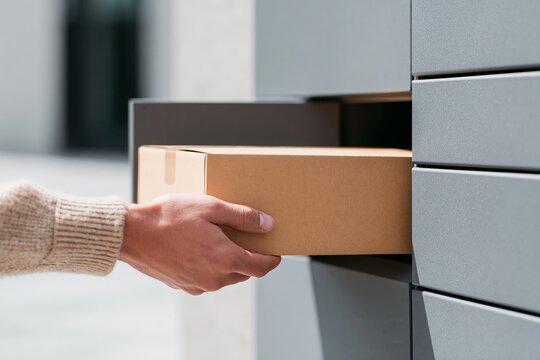 Close up of a hand placing a brown cardboard parcel into a modern delivery locker with a sleek gray exterior in an urban setting