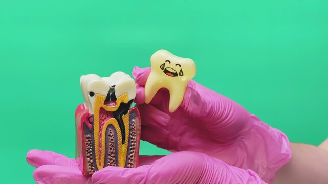 Dental Professional Comparing Decayed Molar Anatomy with Painful Tooth Model