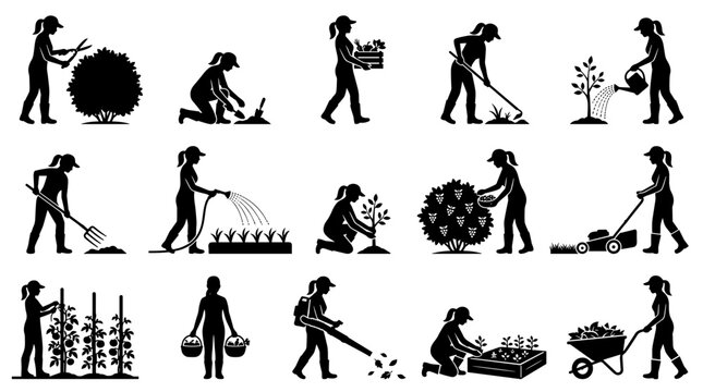 A collection of black silhouette icons depicting various gardening activities and tasks.