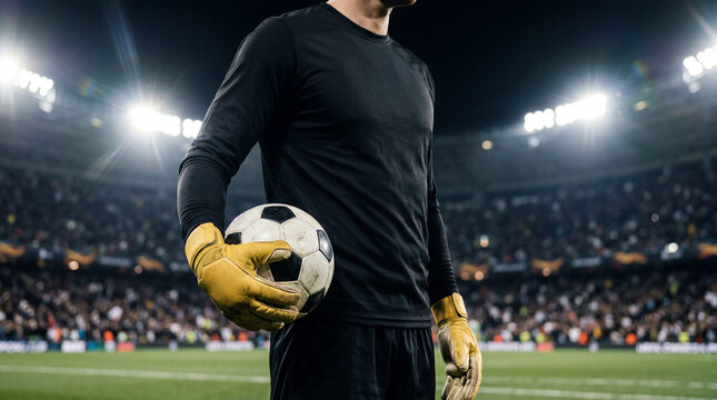 Smiling goalkeeper in black jersey holding soccer ball with gloves in stadium