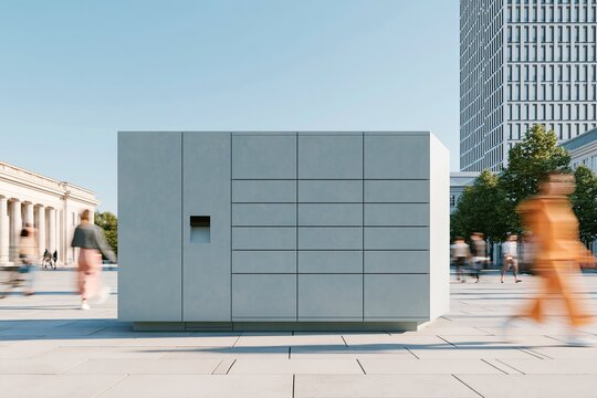 Modern parcel locker station integrated into urban environment with pedestrians walking by, showcasing contemporary architecture and city life