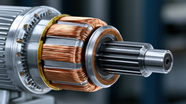 Close-up of an industrial electric motor rotor with copper wire windings
