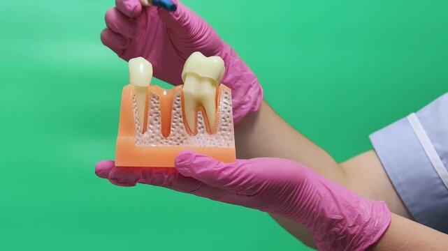 Dentist Demonstrating Dental Implant Crown on Jaw Model Against Green Screen