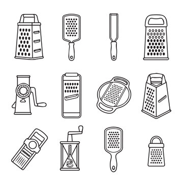 Assorted kitchen graters and shredders arranged in a grid on a white background with clean lines
