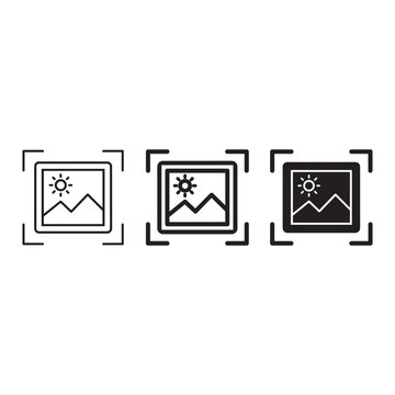 Set of three picture frame landscape mountain sun icons with focus square brackets vector file.