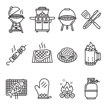 Collection of barbecue icons showing grills skewers steak burger fish and cooking accessories for outdoor cooking and summer parties