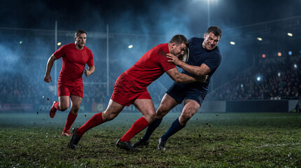 Naklejka premium Rugby players in red and navy kits tackling during intense night match