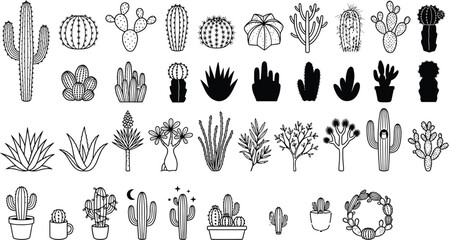 Obraz premium Vector cactus and succulent line art icon collection set isolated on white background.