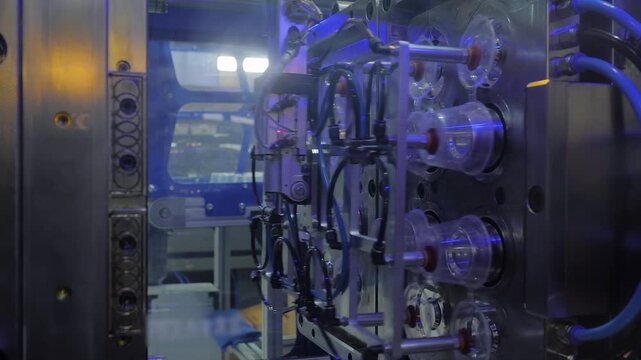 Automatic plastic injection molding machine is producing polypropylene sauce cups, containers, while pick and place robotic arm manipulator is removing the finished containers at the factory: close up