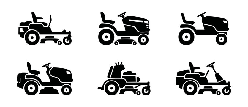 Lawn mower riding tractor silhouette set, zero-turn garden mowers vector icons for landscaping, gardening graphic design and yard care projects, presenting modern flat black symbols on white backgroun