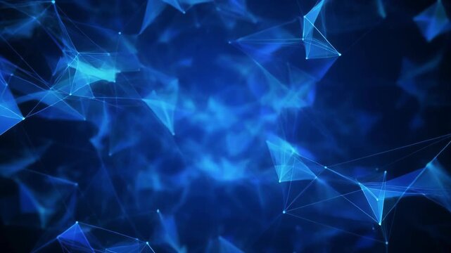 Abstract blue glowing geometric network pulsing with light in dark void cinematic motion background