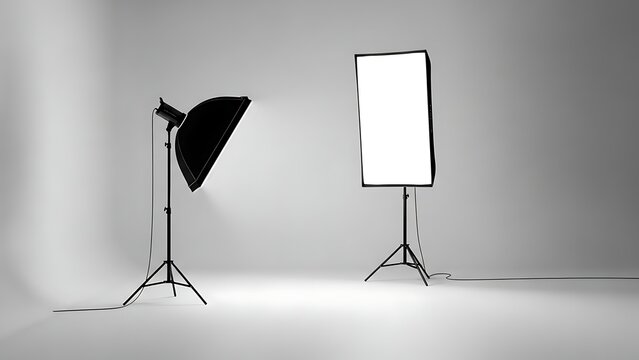 Photography studio setup with softbox and reflector for professional lighting