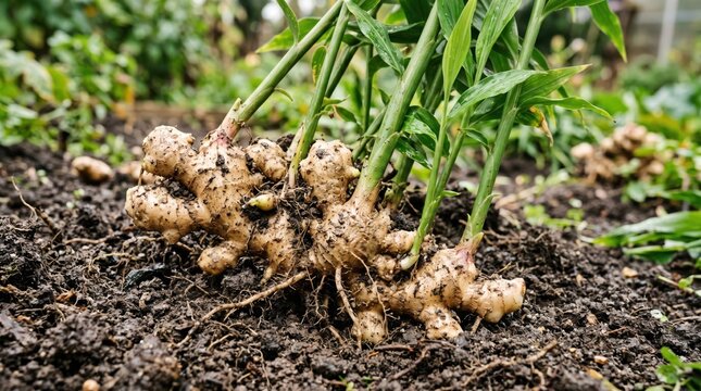 Close-up of ginger roots in soil garden