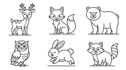 Cute Woodland Animals Vector Set: Deer, Fox, Bear, Owl, Rabbit, Raccoon Coloring Page © Pensil