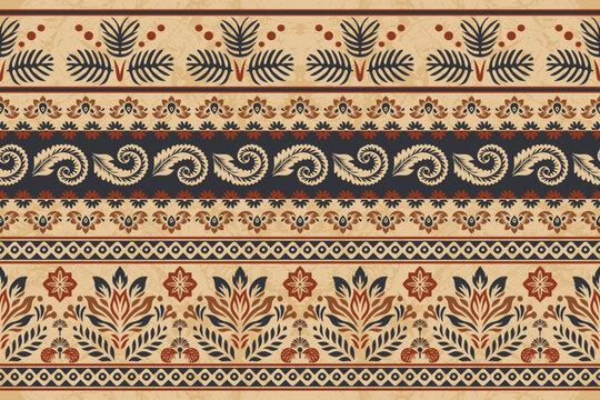 Boho Indian Ikat Paisley Seamless Border Background. Ethnic Folk Floral Geometric Tribal Vector Ribbon Design with Botanical Motifs.Ornamental Aztec Bohemian Frame.Traditional Persian Mosaic Tile.