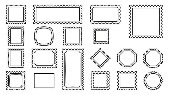 Collection of Hand-Drawn Stamp Frames and Borders, Various Shapes and Sizes