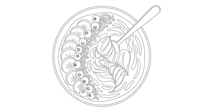 An outline vector illustration depicts a bowl of cereal with a spoon.