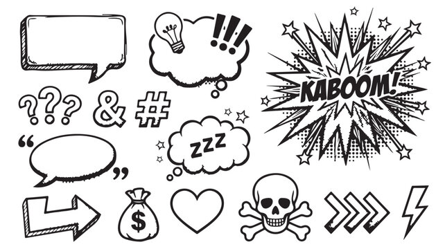 Comic speech bubbles and pop art elements set, hand drawn doodle explosion and kaboom text, black and white cartoon dialogue clouds vector