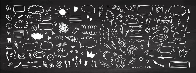Simple sketch line style elements. Doodle cute ink pen line elements isolated on chalkboard  background. Doodle arrow, heart, star, decoration symbol, icon set. Vector illustration. © ferdi