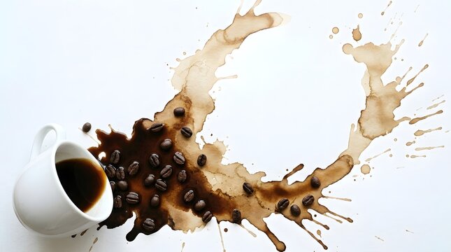 Spilled coffee with beans on a white surface dark brown liquid splash