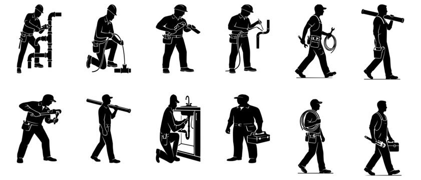 Plumber Worker Silhouette Bundle Set - Professional Plumbing Technician Poses Vector Collection