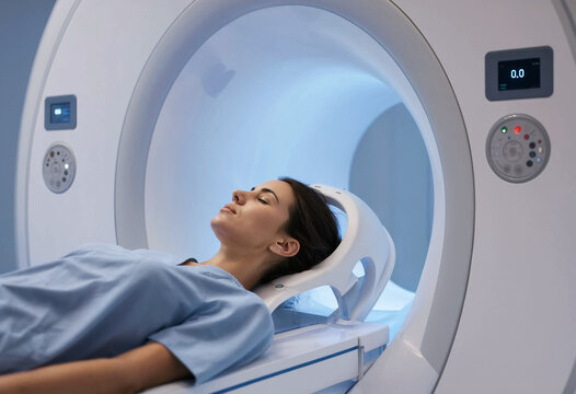A female patient lies calmly with eyes closed on the motorized bed of the MRI Scanner machine. Woman wearing blue scrubs, rests in a specialized cradle as she enters the illuminated bore