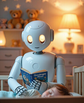 A droid with glowing eyes reads a goodnight book to a sleeping toddler under a warm lamplight. Gentle atmosphere blend advanced robotic technology with tender care, reimagining the future of parenting