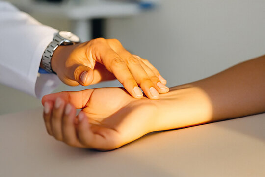A practitioner's hand gently presses fingers against a patient's wrist in a pulse check procedure. Clinical assessment with a healthcare professional wearing a white coat