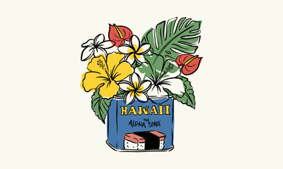 Hawaii illustration of a musubi can filled with colorful hibiscus and plumeria flowers © Irfan