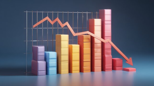 3D bar chart with downward red trend arrow on grid background during economic decline concept