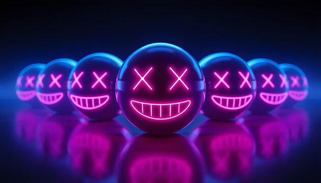Futuristic Concept Background with Row of Dark Spheres and Pink Neon Glowing Emoji Face Expressions
