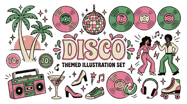 Retro disco themed illustration set