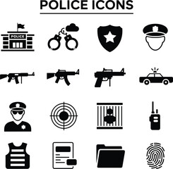 Police icons set including police station handcuffs shield hat rifle pistol car officer target jail radio vest document folder fingerprint © Md