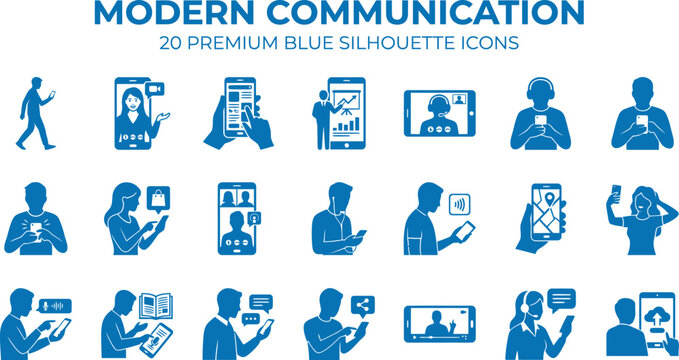 Modern communication blue silhouette icons depicting people using smartphones tablets and laptops for digital interaction