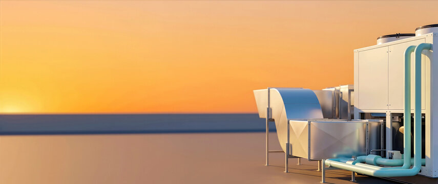 Rooftop industrial chiller unit with silver ducting and aqua pipes. Commercial HVAC cooling system at sunset with orange sky background. Copy space for text