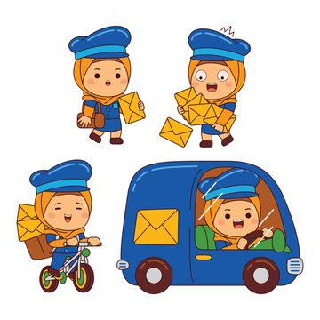 cute postman girl hijab cartoon character