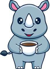 Fototapeta premium A cute cartoon rhino holding a coffee cup. The rhino is grey with pink ears and a white horn. It has large, dark eyes and a small smile, appearing happy and relaxed