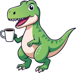 Obraz premium A cute green dinosaur holding a cup of coffee. It looks happy and ready for the day