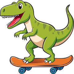 Fototapeta premium A cartoon T-Rex dinosaur riding a skateboard with a happy expression and its mouth open