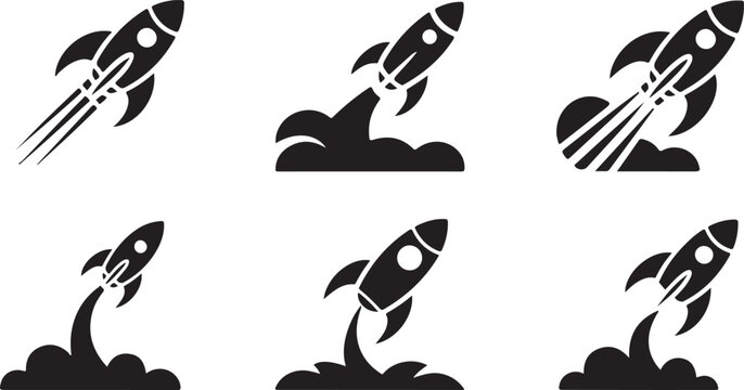 Set of rocket launch icons, space ship taking off, startup concept, vector illustration