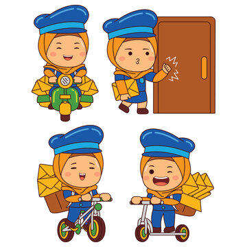 cute postman girl hijab cartoon character