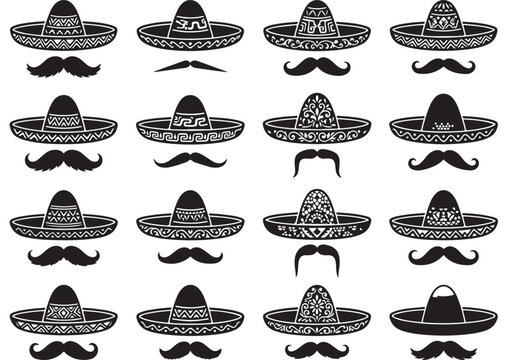 Mexican sombrero and mustache collection, 16 traditional hat and facial hair icons, black and white vector set for Cinco de Mayo celebrations