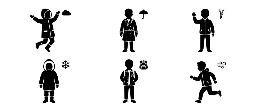 Outerwear clothing icons boy silhouette set showing children wearing jackets, raincoats, winter coats, and windbreakers for different weather conditions. Graphic vector illustration collection.