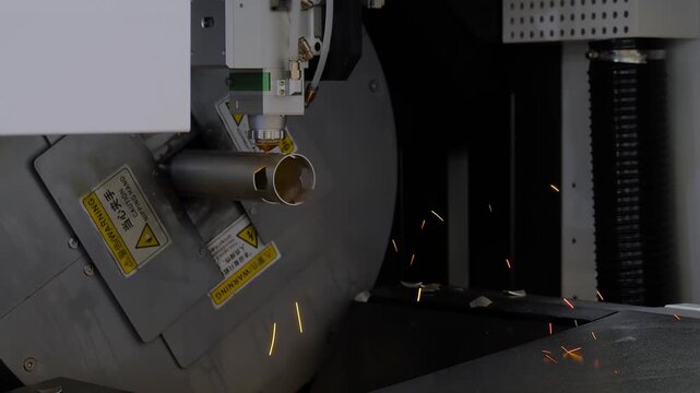 Automatic cnc laser cutting machine is working on cylindrical metal workpiece with many sparks at factory, plant. Industrial, manufacturing, metalworking, and equipment concept