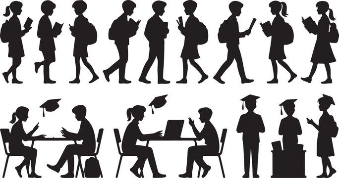 Set of silhouettes of school children and students with books, backpacks, laptops and graduation caps
