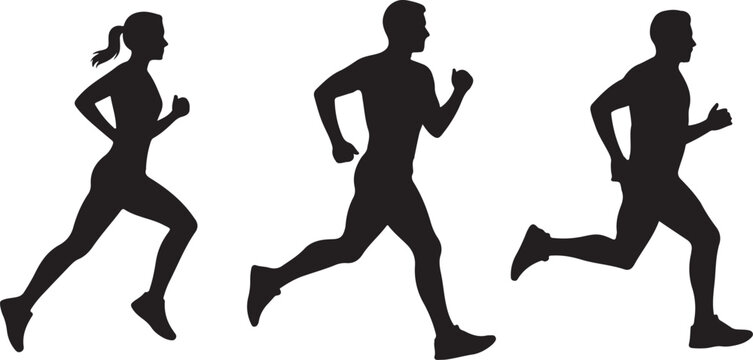 Set of silhouettes of people running, jogging, and exercising black figures of athletes in motion