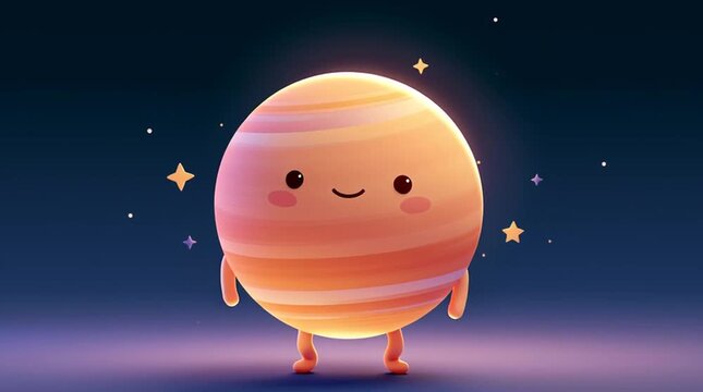 A wide shot of a cute 3D cartoon planet mascot with a happy smiling face, joyfully waving its hand and dancing while floating in deep space amidst glowing stars.