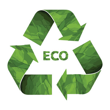 Green recycle symbol with crumpled paper texture and eco text