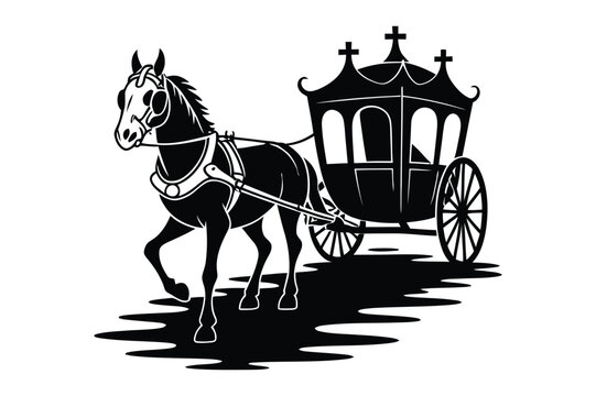 Vintage silhouette of a horse drawn carriage or hearse with carriage, transport