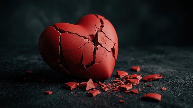 A damaged and broken red heart on a dark black background representing cardiac disease.